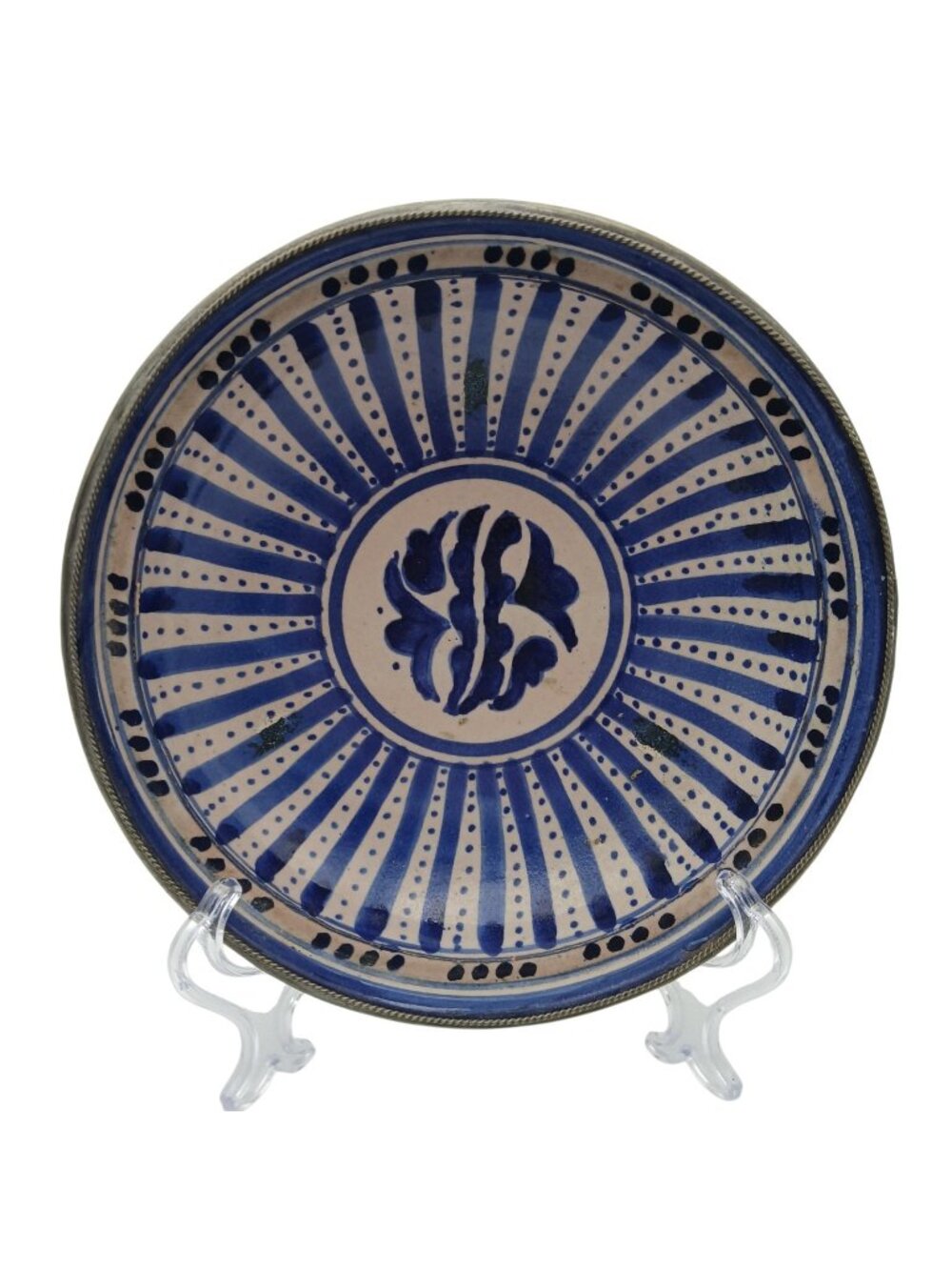 Moroccan Pottery Bowl Blue Stripe Hand Painted Metal Rim 8.5"